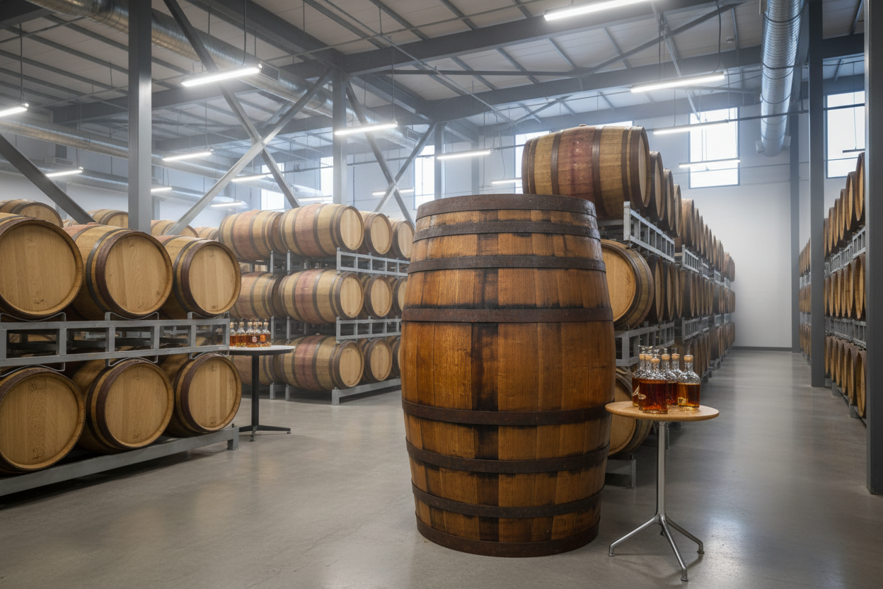 whiskey barrel in modern rickhouse